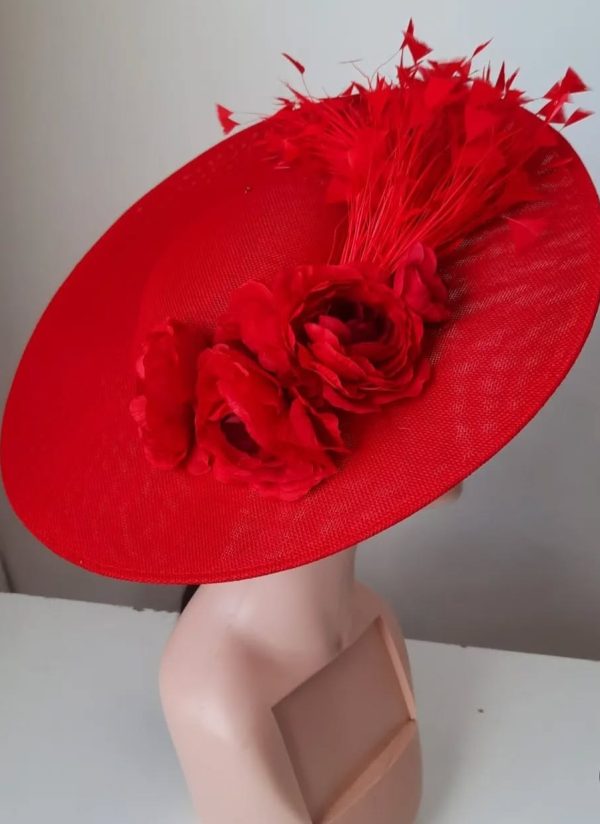 Red wide brim hat with red roses and red goose feathers